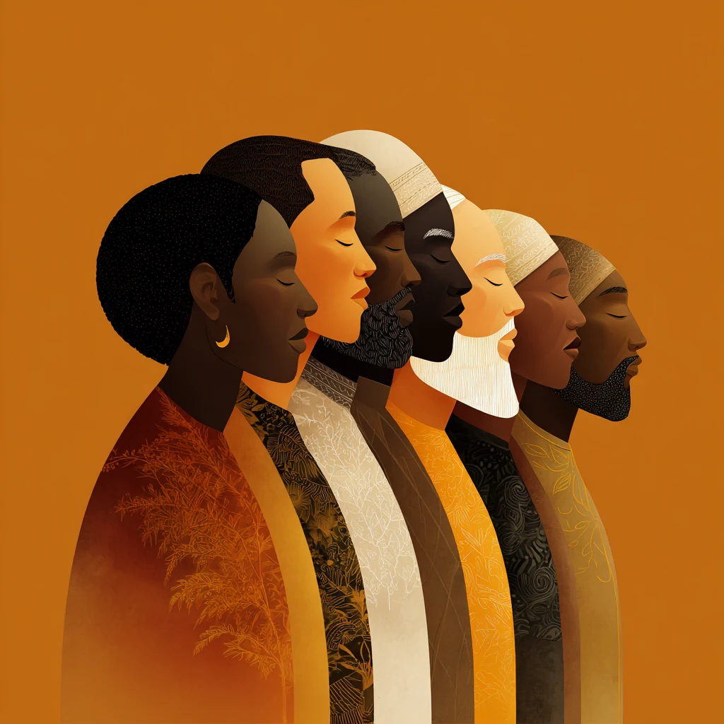 Illustrated group of people shown in profile, with varied skin tones and clothing.