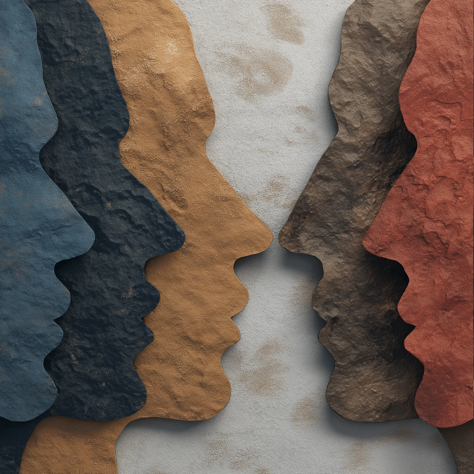 Layered textured profiles facing each other in blue, gold and terracotta.