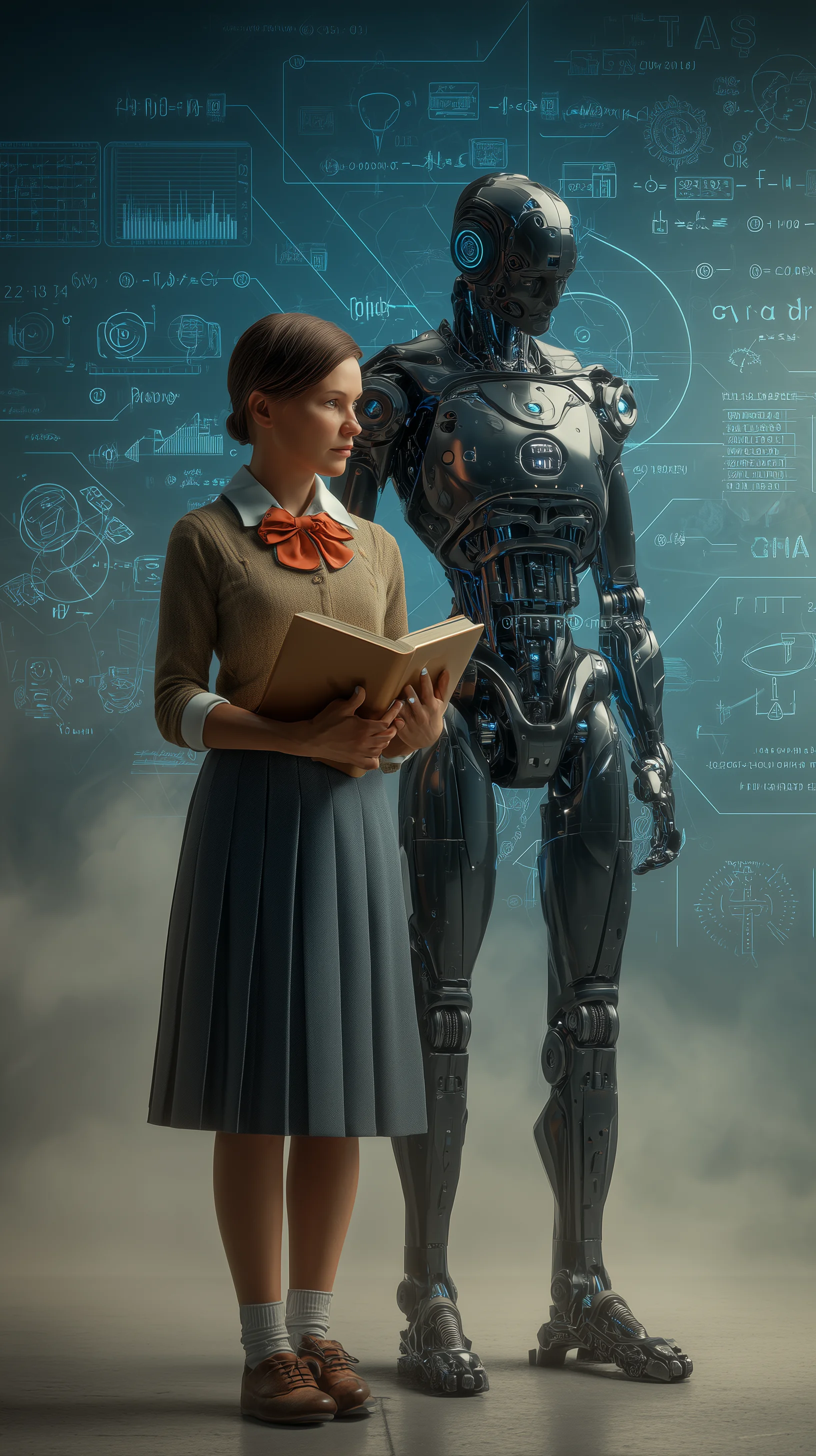 A symbolic classroom scene blending traditional teaching with AI co-pilots