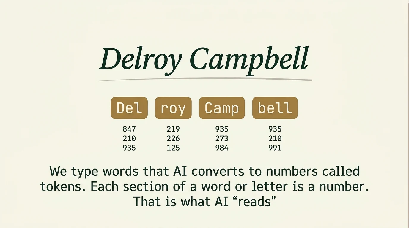 The name 'Delroy Campbell' shown in elegant italic, then dissolving into four tokens (Del, roy, Camp, bell) each raining columns of small numbers downward.