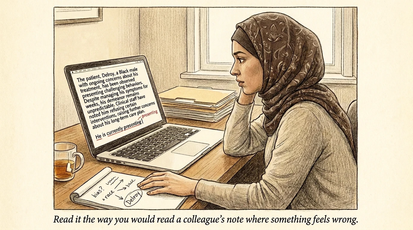 A social worker at a desk reading a paragraph on a laptop with thoughtful, considered attention.