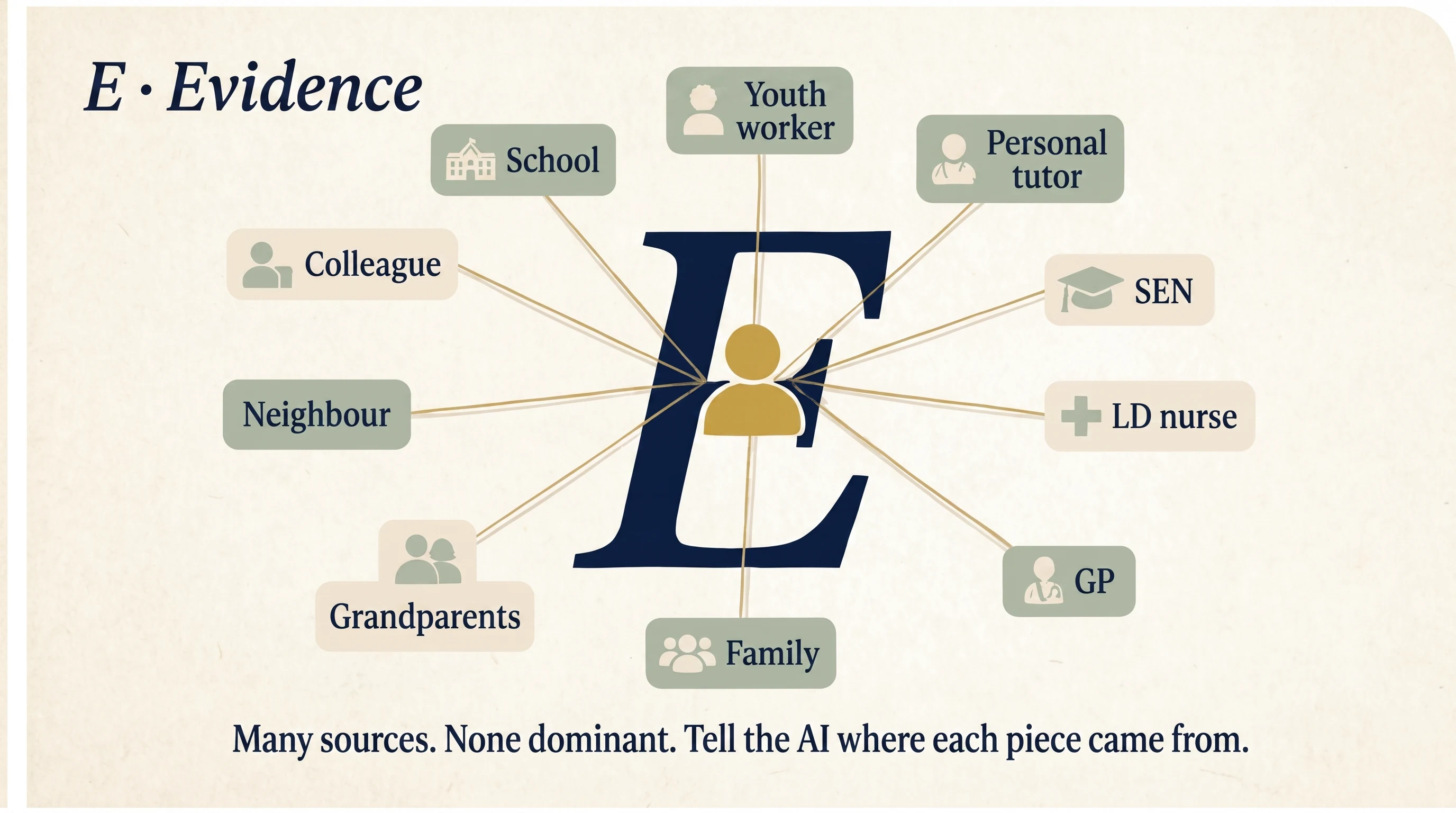 A large serif italic letter E surrounded by labelled evidence sources connected by gold threads: school, youth worker, LD nurse, GP, family, grandparents, neighbour, colleague. A small silhouette of the person being supported sits at the centre.