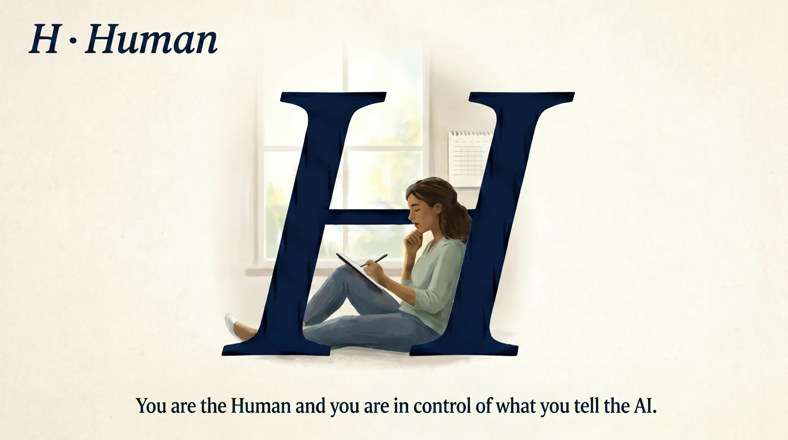 A large serif italic letter H with a thoughtful practitioner figure seated within the negative space between its strokes, reading a screen, pen in hand, in considered attention. Soft daylight from a window behind.