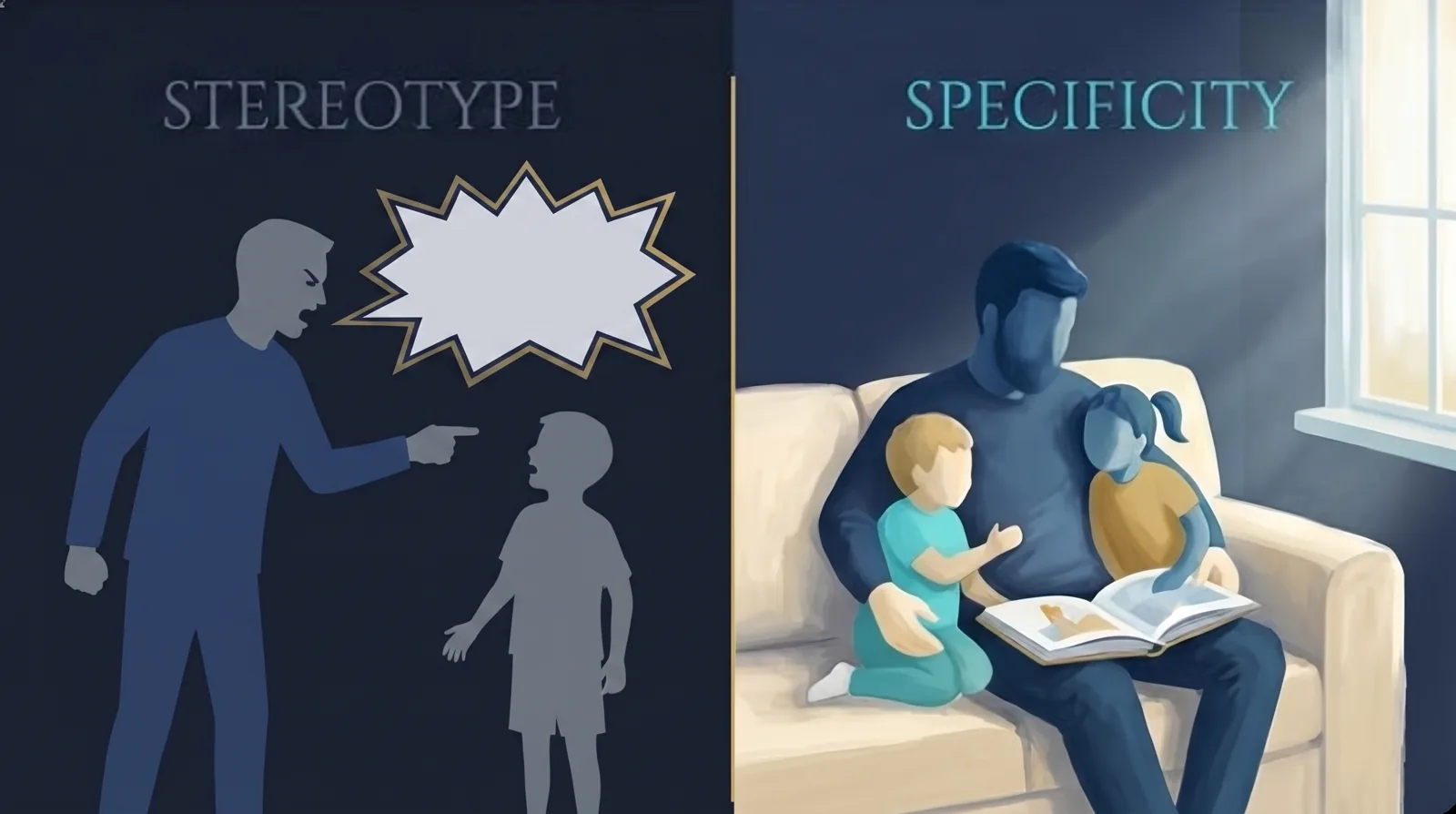 A side-by-side editorial illustration. Left side labelled stereotype: a flat generic silhouette of a man at arm's length from a child silhouette with a question mark between them. Right side labelled specificity: a warm scene of a father seated on a sofa with two children, one leaning into his shoulder, a children's book open on his lap, soft daylight from a window.
