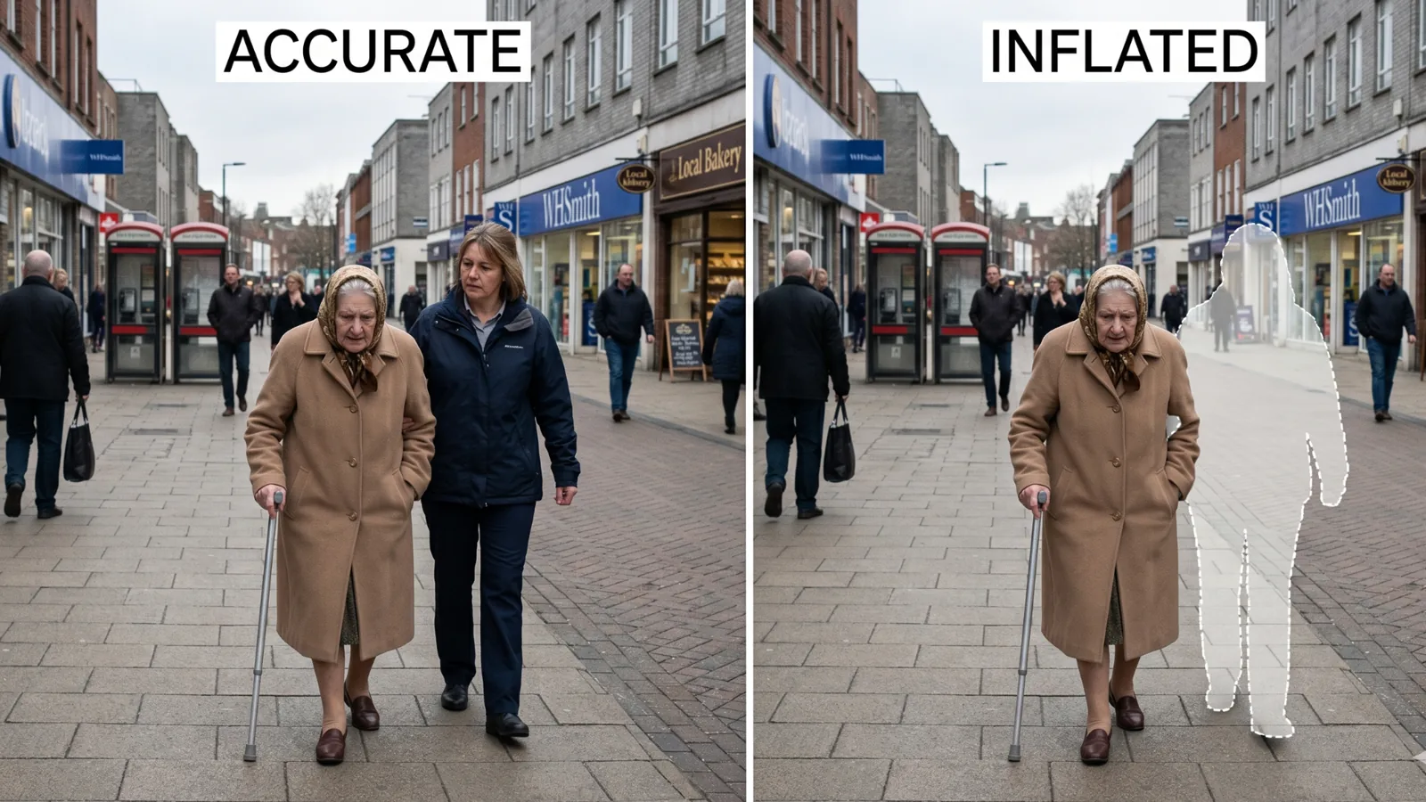 A side-by-side editorial illustration of an older woman walking on a quiet UK high street with a small shopping bag. Left side labelled accurate shows a second figure walking unobtrusively half a step behind her. Right side labelled inflated shows her alone, with a thin dotted red-rose outline where the support figure used to be.