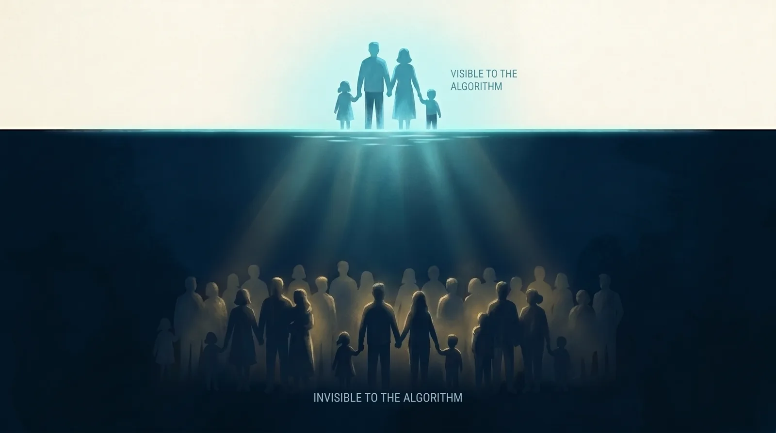An editorial conceptual illustration with a horizontal cyan waterline. Above the line, a small cluster of family silhouettes labelled visible to the algorithm. Below the line in deeper navy, a much larger mass of family silhouettes labelled invisible to the algorithm. A dotted gold arrow runs from above to below labelled poverty and contact with public services.