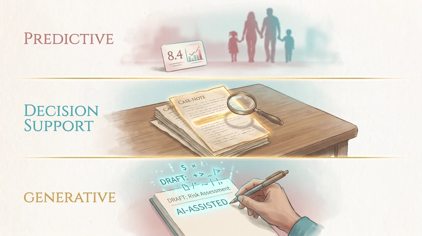 An editorial illustration showing three vertically stacked bands. Top: a predictive risk score on a small card with a softly blurred family silhouette in the distance behind it. Middle: a stack of case-note pages with one page highlighted and a magnifying glass over it. Bottom: a hand holding a pen over a page with floating cyan text fragments above it.