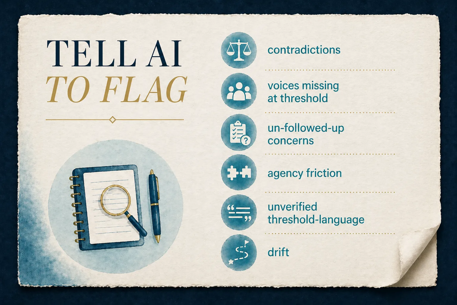 A pale paper sheet with a thin gold border, titled tell AI to flag in tall serif type. Below the title, six bulleted items in cyan caps: contradictions, voices missing at threshold, un-followed-up concerns, agency friction, unverified threshold-language, drift.